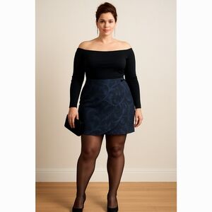 LOFT Navy Blue Metallic Brocade Wrap Mini Skirt 16 Jacquard Party Holiday Glam